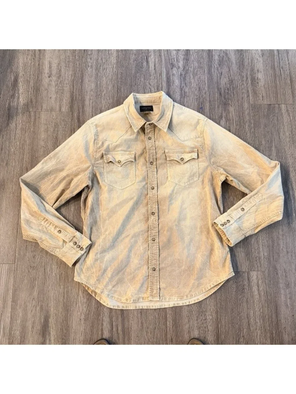 Y2K True Religion Corduroy Pearl Snap Western Cowboy Shirt XXL Rodeo Tan Brown